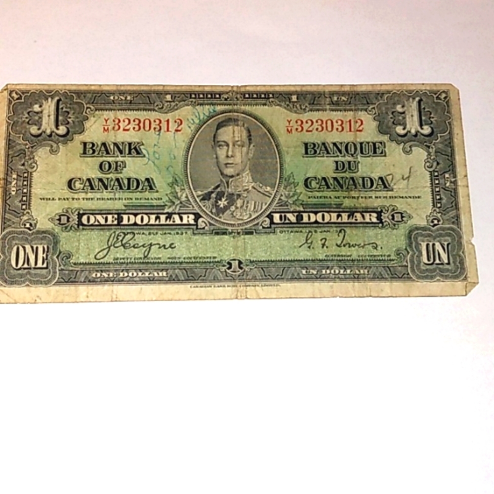 1937 Canadian 1 DOLLAR BILL NOTE Y/N 3230312 (CIRCULATED)